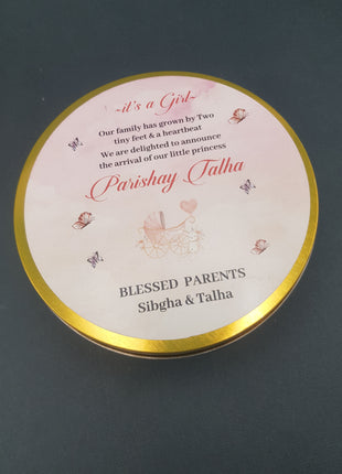 Premium Birth Announcement Tin Boxes – Custom Printed Baby Arrival Gifts & Methie Boxes in Pakistan