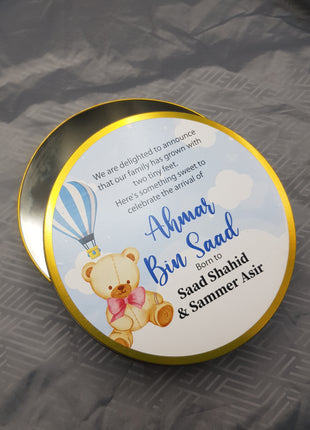 Premium Birth Announcement Tin Boxes – Custom Printed Baby Arrival Gifts & Methie Boxes in Pakistan