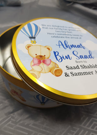 Premium Birth Announcement Tin Boxes – Custom Printed Baby Arrival Gifts & Methie Boxes in Pakistan