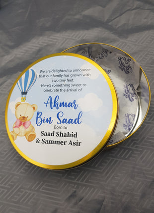 Premium Birth Announcement Tin Boxes – Custom Printed Baby Arrival Gifts & Methie Boxes in Pakistan