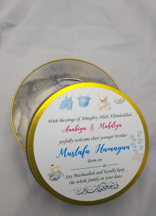 Premium Birth Announcement Tin Boxes – Custom Printed Baby Arrival Gifts & Methie Boxes in Pakistan