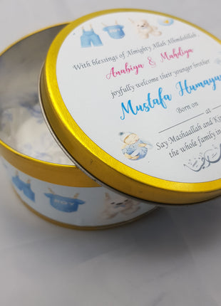 Premium Birth Announcement Tin Boxes – Custom Printed Baby Arrival Gifts & Methie Boxes in Pakistan