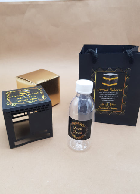 Hajj & Umrah Tabarruk Gift Set – Customized Bag, Kaba Box & Zamzam Bottle (Complete Package)