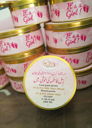 Premium Birth Announcement Tin Boxes – Custom Printed Baby Arrival Gifts & Methie Boxes in Pakistan