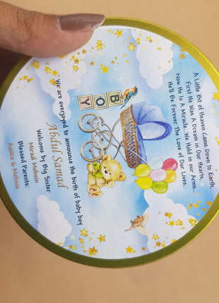 Premium Birth Announcement Tin Boxes – Custom Printed Baby Arrival Gifts & Methie Boxes in Pakistan