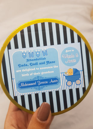 Premium Birth Announcement Tin Boxes – Custom Printed Baby Arrival Gifts & Methie Boxes in Pakistan