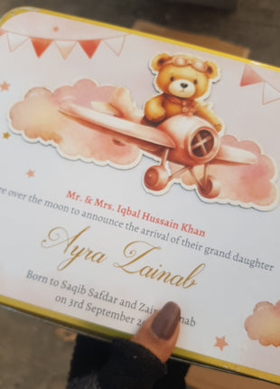 Premium Birth Announcement Tin Boxes – Custom Printed Baby Arrival Gifts & Methie Boxes in Pakistan