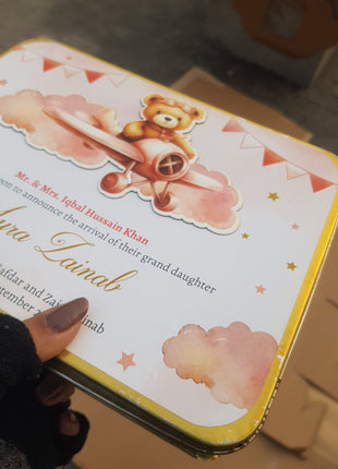 Premium Birth Announcement Tin Boxes – Custom Printed Baby Arrival Gifts & Methie Boxes in Pakistan