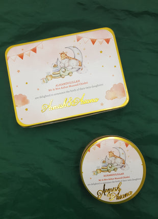 Premium Birth Announcement Tin Boxes – Custom Printed Baby Arrival Gifts & Methie Boxes in Pakistan