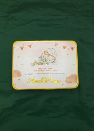 Premium Birth Announcement Tin Boxes – Custom Printed Baby Arrival Gifts & Methie Boxes in Pakistan