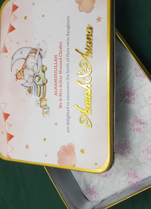 Premium Birth Announcement Tin Boxes – Custom Printed Baby Arrival Gifts & Methie Boxes in Pakistan