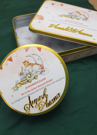 Premium Birth Announcement Tin Boxes – Custom Printed Baby Arrival Gifts & Methie Boxes in Pakistan