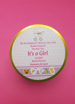 Premium Birth Announcement Tin Boxes – Custom Printed Baby Arrival Gifts & Methie Boxes in Pakistan