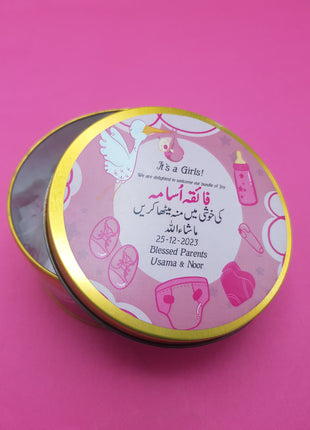 Premium Birth Announcement Tin Boxes – Custom Printed Baby Arrival Gifts & Methie Boxes in Pakistan