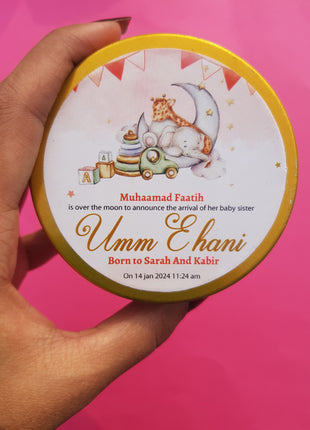 Premium Birth Announcement Tin Boxes – Custom Printed Baby Arrival Gifts & Methie Boxes in Pakistan