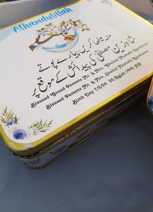 Premium Birth Announcement Tin Boxes – Custom Printed Baby Arrival Gifts & Methie Boxes in Pakistan