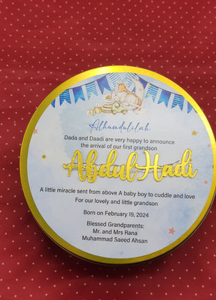 Premium Birth Announcement Tin Boxes – Custom Printed Baby Arrival Gifts & Methie Boxes in Pakistan