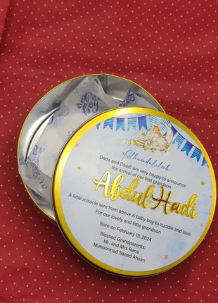Premium Birth Announcement Tin Boxes – Custom Printed Baby Arrival Gifts & Methie Boxes in Pakistan