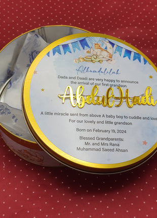 Premium Birth Announcement Tin Boxes – Custom Printed Baby Arrival Gifts & Methie Boxes in Pakistan