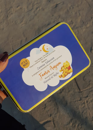 Premium Birth Announcement Tin Boxes – Custom Printed Baby Arrival Gifts & Methie Boxes in Pakistan