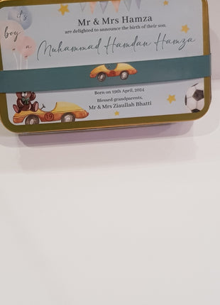 Premium Birth Announcement Tin Boxes – Custom Printed Baby Arrival Gifts & Methie Boxes in Pakistan