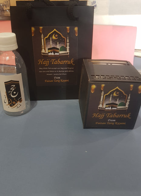 Hajj & Umrah Tabarruk Gift Set β Customized Bag, Kaba Box & Zamzam Bottle (Complete Package)