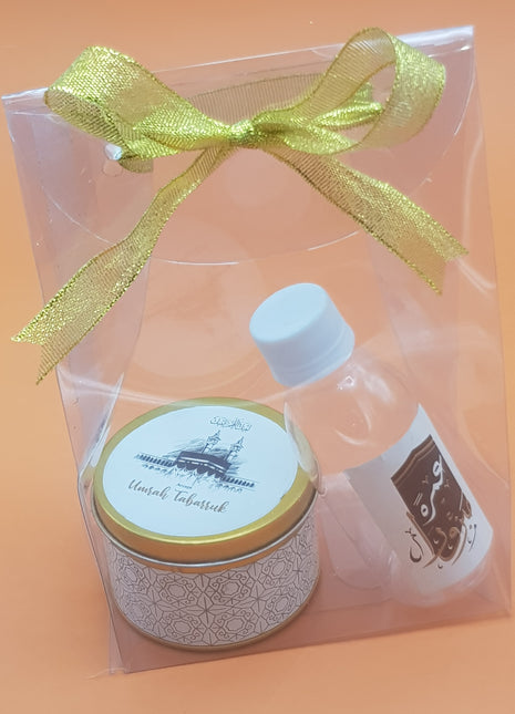 Hajj & Umrah Tabarruk Gift Set – Customized Bag, Tin Box & Zamzam Bottle (Complete Package)