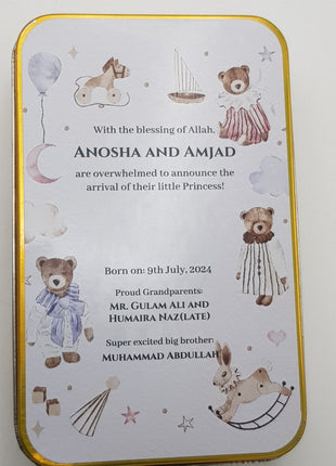 Premium Birth Announcement Tin Boxes – Custom Printed Baby Arrival Gifts & Methie Boxes in Pakistan