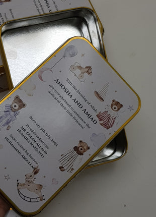 Premium Birth Announcement Tin Boxes – Custom Printed Baby Arrival Gifts & Methie Boxes in Pakistan