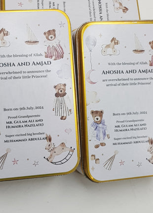 Premium Birth Announcement Tin Boxes – Custom Printed Baby Arrival Gifts & Methie Boxes in Pakistan