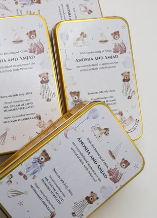 Premium Birth Announcement Tin Boxes – Custom Printed Baby Arrival Gifts & Methie Boxes in Pakistan