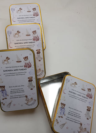 Premium Birth Announcement Tin Boxes – Custom Printed Baby Arrival Gifts & Methie Boxes in Pakistan