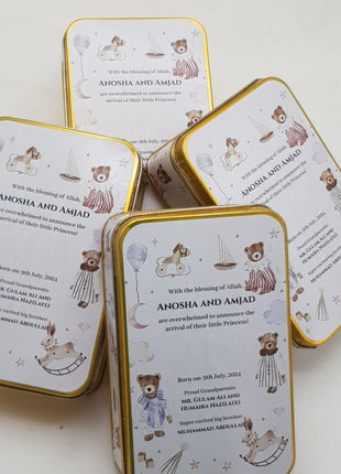 Premium Birth Announcement Tin Boxes – Custom Printed Baby Arrival Gifts & Methie Boxes in Pakistan