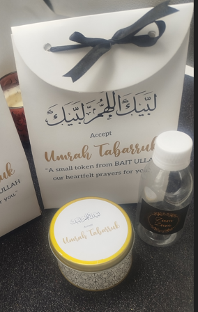 Hajj & Umrah Tabarruk Gift Set – Customized Bag, Tin Box & Zamzam Bottle (Complete Package)