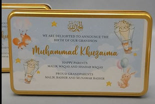 Premium Birth Announcement Tin Boxes – Custom Printed Baby Arrival Gifts & Methie Boxes in Pakistan