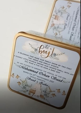 Premium Birth Announcement Tin Boxes – Custom Printed Baby Arrival Gifts & Methie Boxes in Pakistan