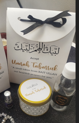 Hajj & Umrah Tabarruk Gift Set – Customized Bag, Tin Box & Zamzam Bottle (Complete Package)