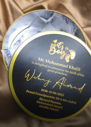 Premium Birth Announcement Tin Boxes – Custom Printed Baby Arrival Gifts & Methie Boxes in Pakistan