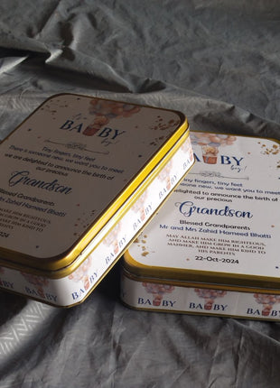 Premium Birth Announcement Tin Boxes – Custom Printed Baby Arrival Gifts & Methie Boxes in Pakistan