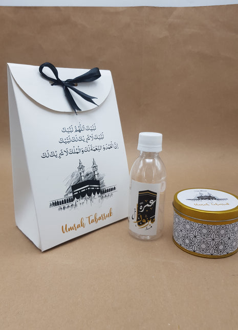 Hajj and Umrah Tabarruk Set (Customized Hajj Bag Flap Style, Tin Box for Dates and Water bottle)