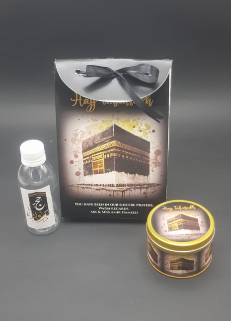 Hajj & Umrah Tabarruk Gift Set – Customized Bag, Tin Box & Zamzam Bottle (Complete Package)