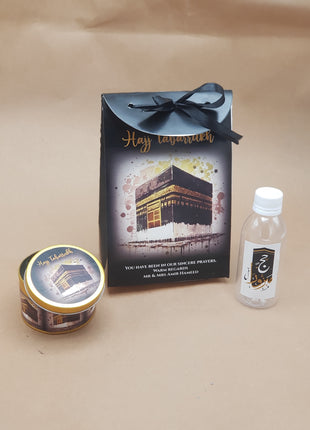 Hajj & Umrah Tabarruk Gift Set – Customized Bag, Tin Box & Zamzam Bottle (Complete Package)