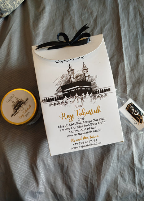 Hajj & Umrah Tabarruk Gift Set – Customized Bag, Tin Box & Zamzam Bottle (Complete Package)