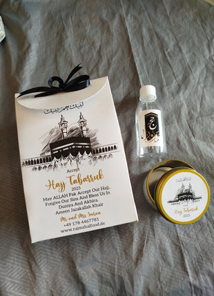 Hajj & Umrah Tabarruk Gift Set – Customized Bag, Tin Box & Zamzam Bottle (Complete Package)