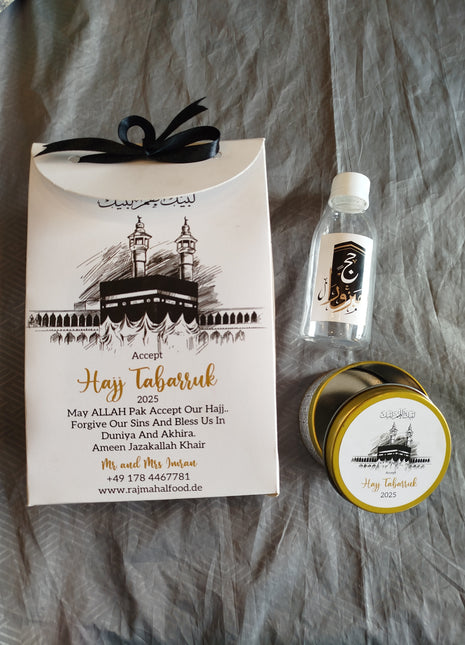 Hajj & Umrah Tabarruk Gift Set – Customized Bag, Tin Box & Zamzam Bottle (Complete Package)