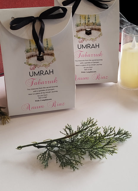 Hajj & Umrah Tabarruk Gift Set – Customized Bag, Tin Box & Zamzam Bottle (Complete Package)