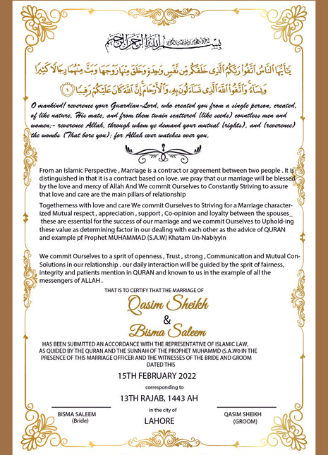 Nikkah Agreement Customized