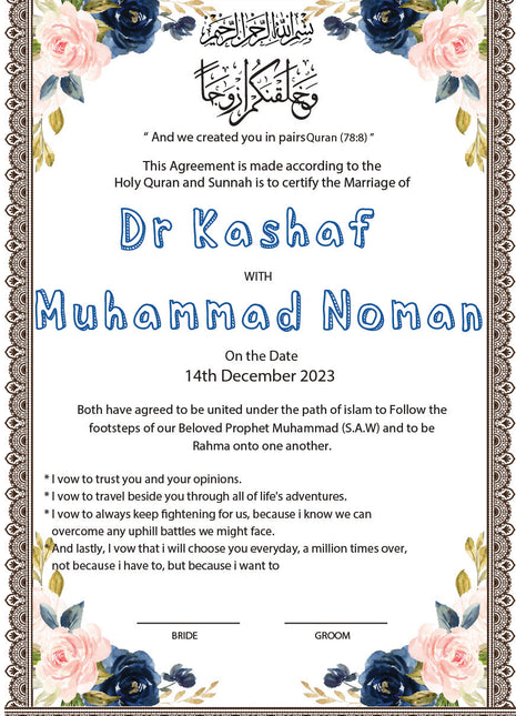 Nikkah Agreement Customized