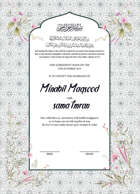 Nikkah Agreement Customized