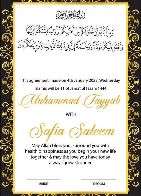 Nikkah Agreement Customized